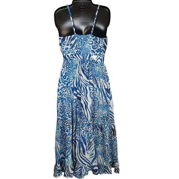 True Destinations Resort Tiered Blue White Animal Print Maxi Dress XS S NWT Boho - Picture 2 of 4